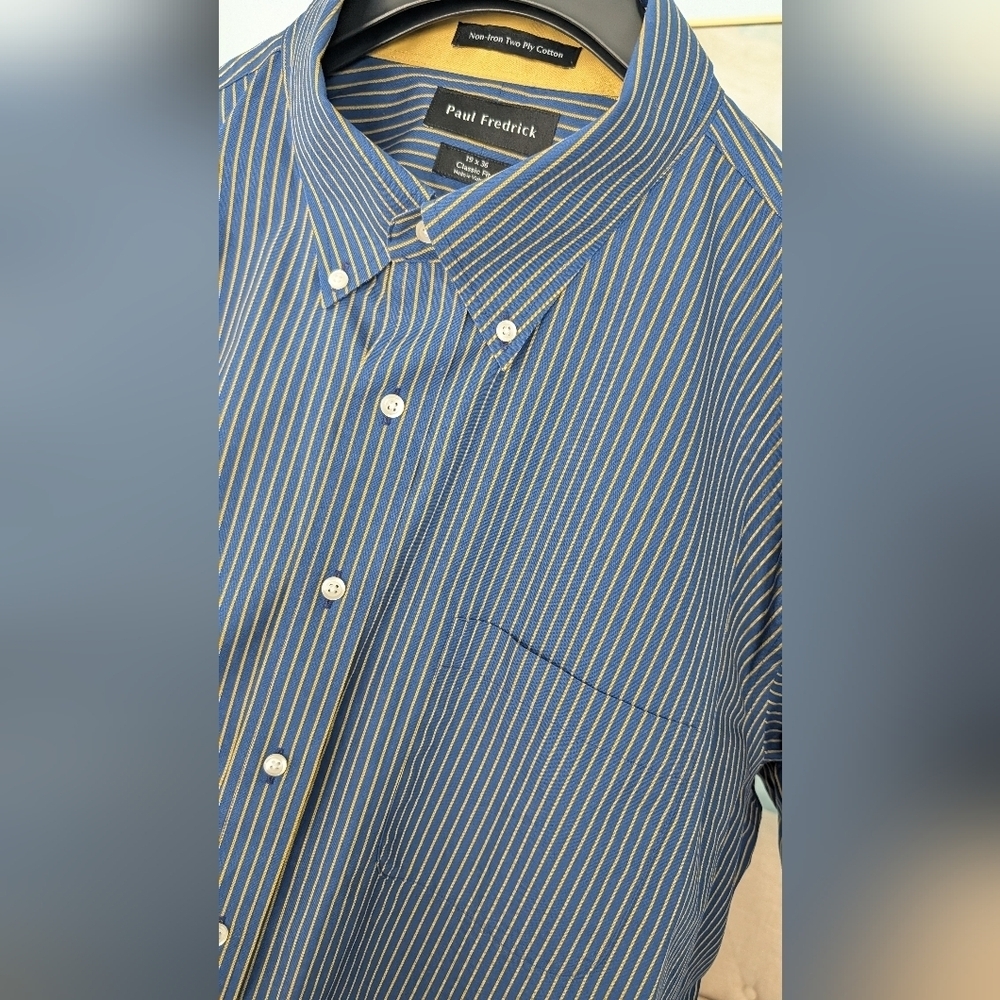 Paul Fredrick Non Iron Two Ply Cotton Blue Yellow Classic Fit Shirt Sz 19x36